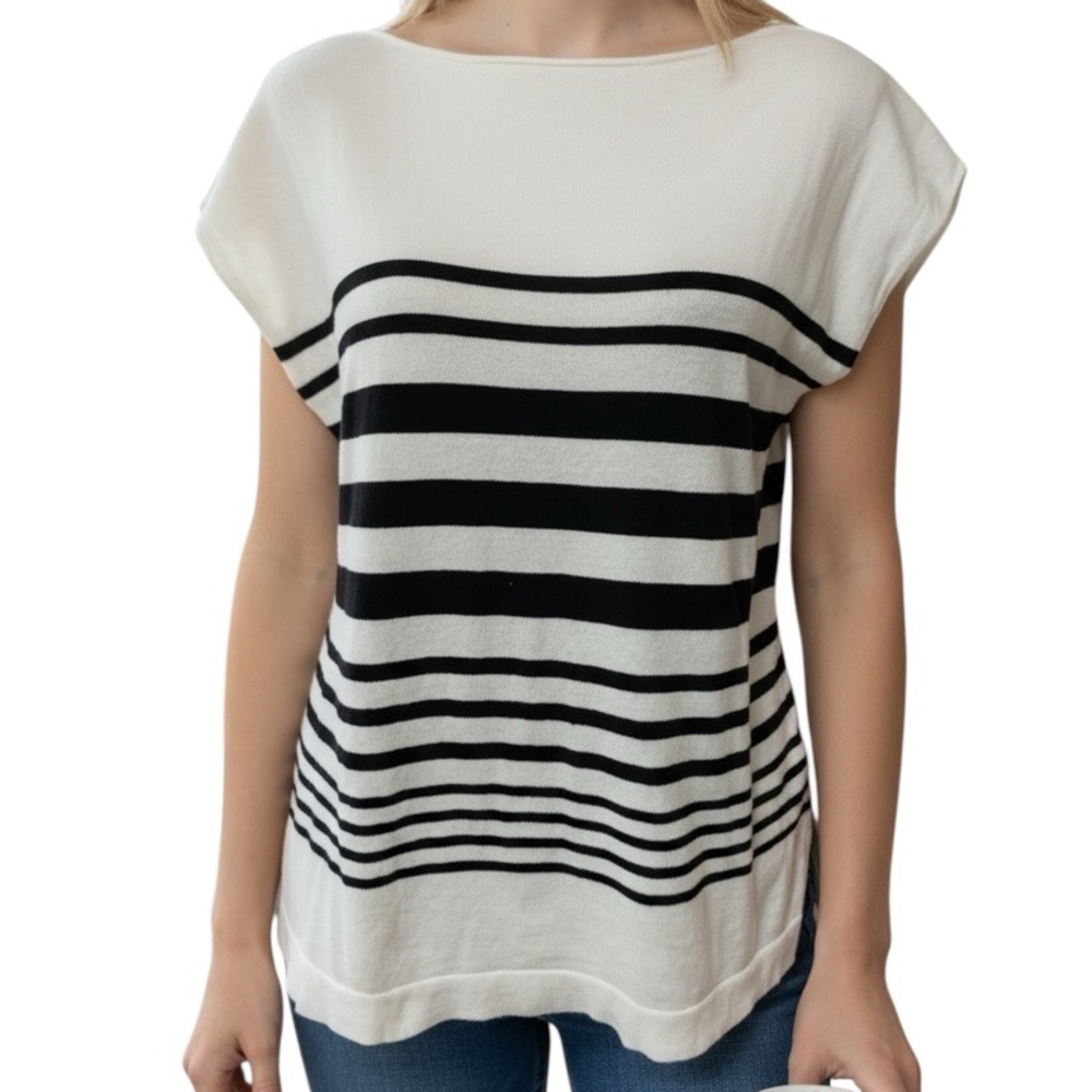 Chaps Top Black White Striped Boat Neck Striped Blouse Short Sleeve Size Large